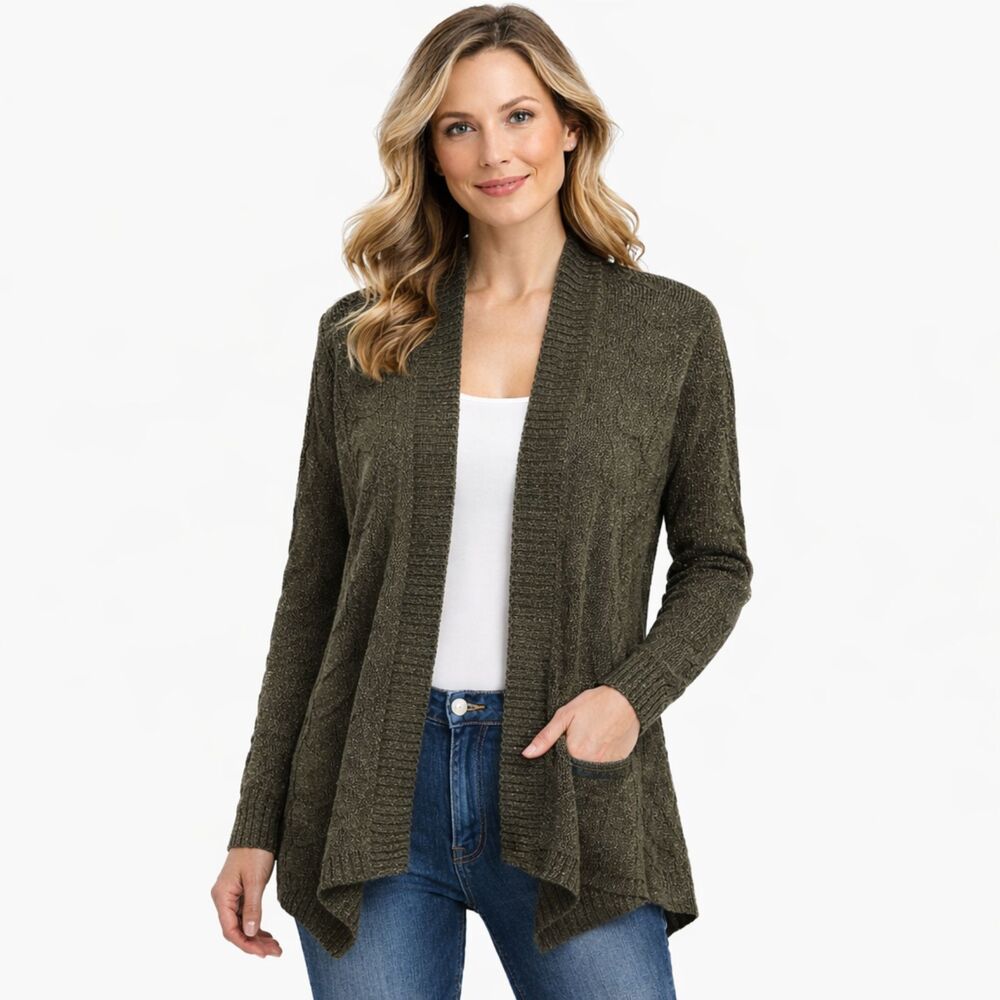 Chico’s Open Front Sparkle Knit Moss Green Cardigan Size 2 (US 12) Large